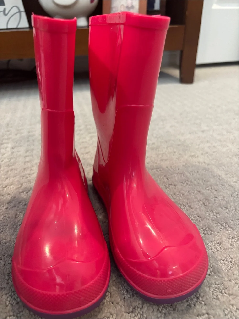 Bright Pink Kids Rain Boots with Purple Soles